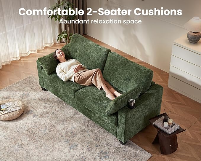 CHIC HOUSE Pull Out Sofa Bed, Full Size Sleeper Sofa, 2-in-1 Convertible Corduroy Couch with USB Charging, Memory Form Couch for Living Room, Apartment and Small Space (Green, Chenille - Queen Size)