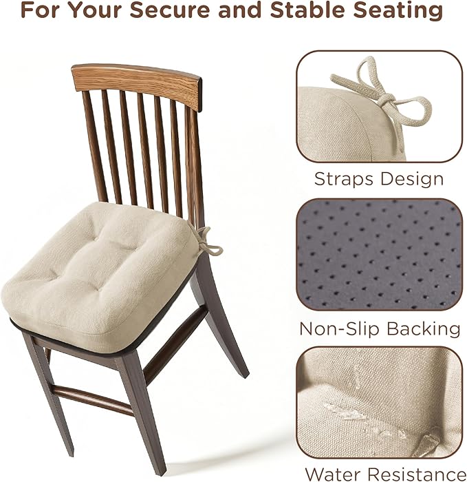 Codi Dining Chair Cushions 4 Pack, Thick Chairs Pads for Indoor Kitchen Room - Washable, Non-Slip Seat Cushion with Ties, 16.5"x16.5"x 3.5", Set of 4, Beige