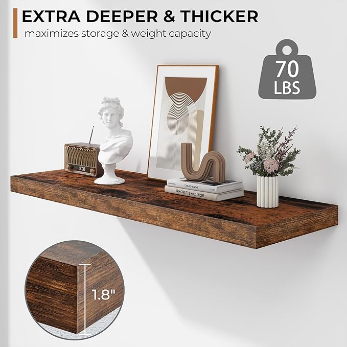 Fun Memories Floating Shelves - 2 Pack 12 Inch Rustic Wooden Wall Shelves - Extra Deeper & Thicker Wall Mounted Storage Shelf for Living Room, Kitchen, Farmhouse - 36" W x 12" D x 1.8" H - Brown