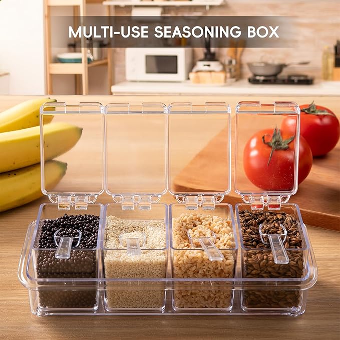 Clear Seasoning Box, 4 Pieces Seasoning Rack Spice Pots, Storage Container Condiment Jars Acrylic Seasoning Box with Covers and Spoons for Spice, Sugar, Salt, Sugar, Cardamon, Cinnamon