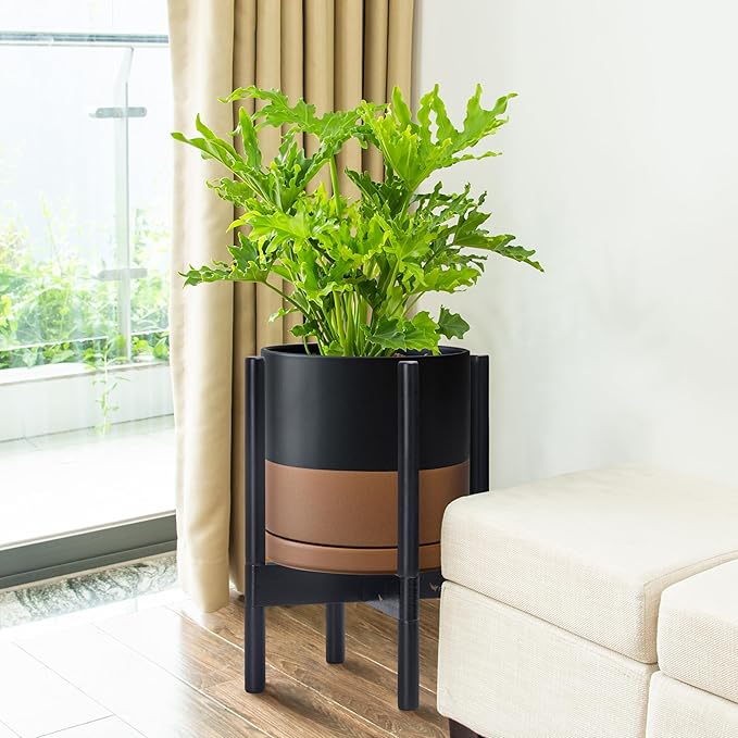 D'vine Dev Ceramic Planter with Ebony Stand - 10 Inch Modern Round Flower Pot with Wood Planter Holder, Black/Speckled Tan, 55-B-L-7