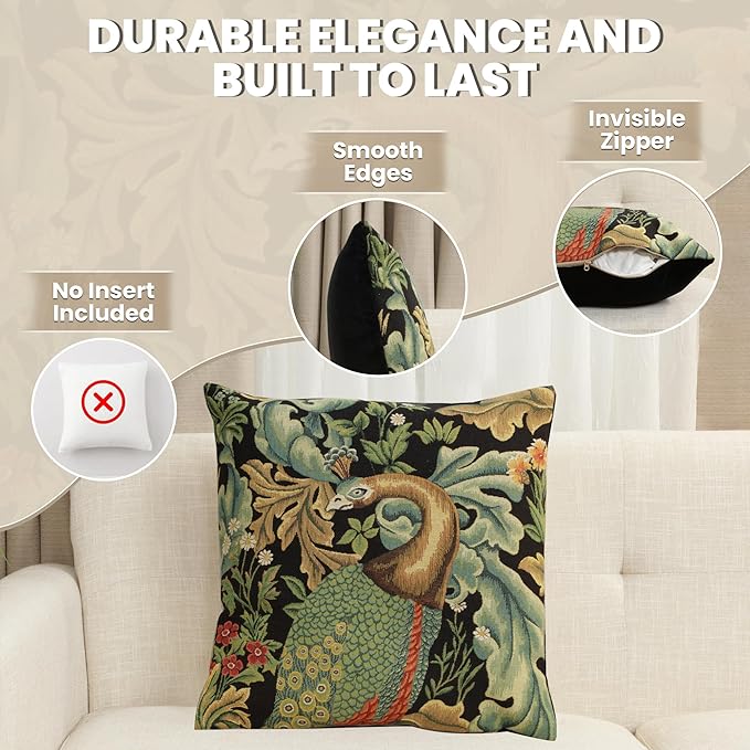 Charlotte Home Furnishings Throw Pillow Covers, Decorative Boho Pillow Covers for Couch, Living Room, Black Peacock Square Cushion Cases 18x18 in, European Cotton Jacquard Woven for Cozy Bedroom Decor