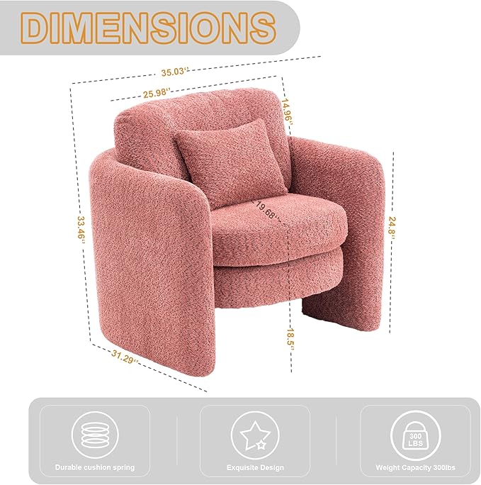 Chenille Accent Armchair Oversize Upholstered Barrel Comfy Modern Round Lounge Sofa Chair with Pillow Cozy Reading Chairs for Apartment,Office,Living Room,Dining,Makeup,Club,Pink