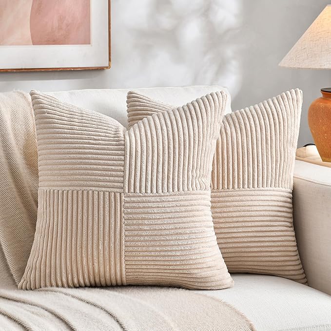 Fancy Homi 2 Packs Tan Decorative Throw Pillow Covers 22x22 Inch for Living Room Couch Bed Sofa, Rustic Farmhouse Boho Home Decor, Soft Corss Corduroy Patchwork Accent Beige Cushion Case 55x55 cm