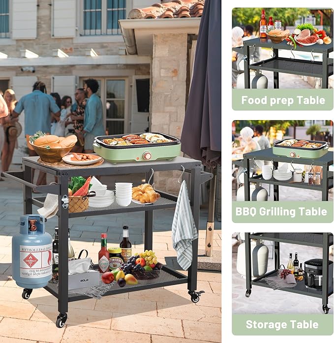 Domi 3-Shelf Outdoor Grill Table, Grill Cart Outdoor with Wheels, Pizza Oven and Food Prep Table, Blackstone with Propane Tank Hook, BBQ Stand for Blackstone Griddle for Outside BBQ
