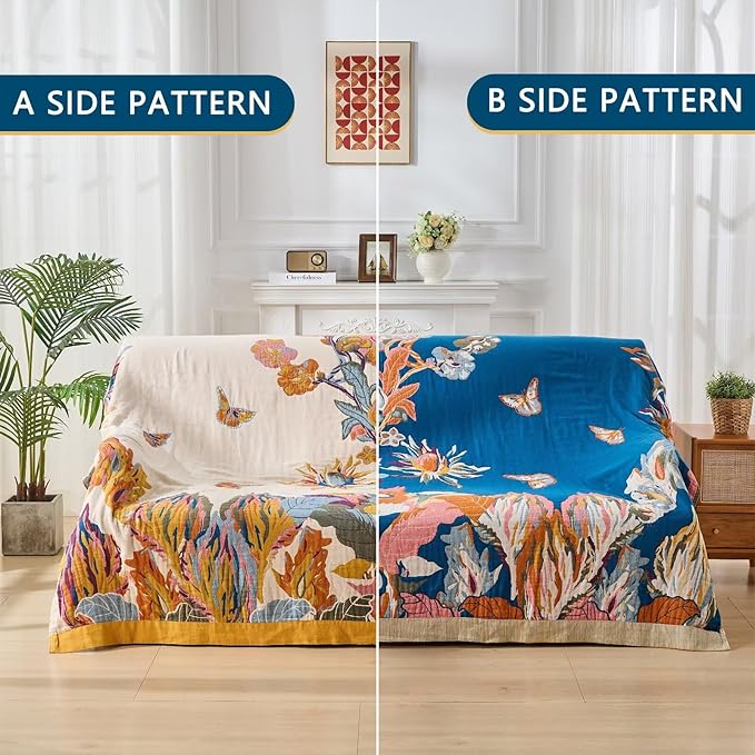 100% Cotton Boho Throw Blanket, King Size Living Room Reversible Fall Throw Blanket, Boho Floral Bird Colorful Retro Quilt Ultra Soft Reversible Gauze Blanket for All Season, 90"x98"