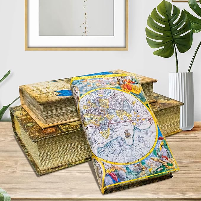 Decorative Book Box Set of 3, Fake Book Trinket Keepsake Storage Boxes with Ancient World Map Pattern, Graduation Gift