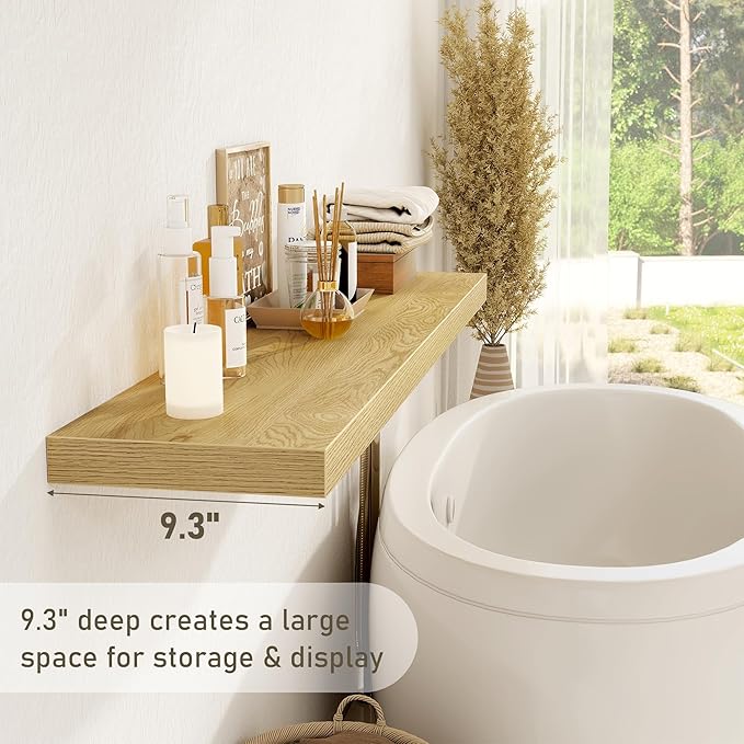 Floating Shelves Wall Shelf 48 Inch, 9.3 Inch Deep Floating Shelf for Wall, Farmhouse Black Wood Shelves Invisible Bracket for Living Room, Bedroom, Kitchen, 48 x 9.3 x 1.4 Inch, Set of 2, Oak Color