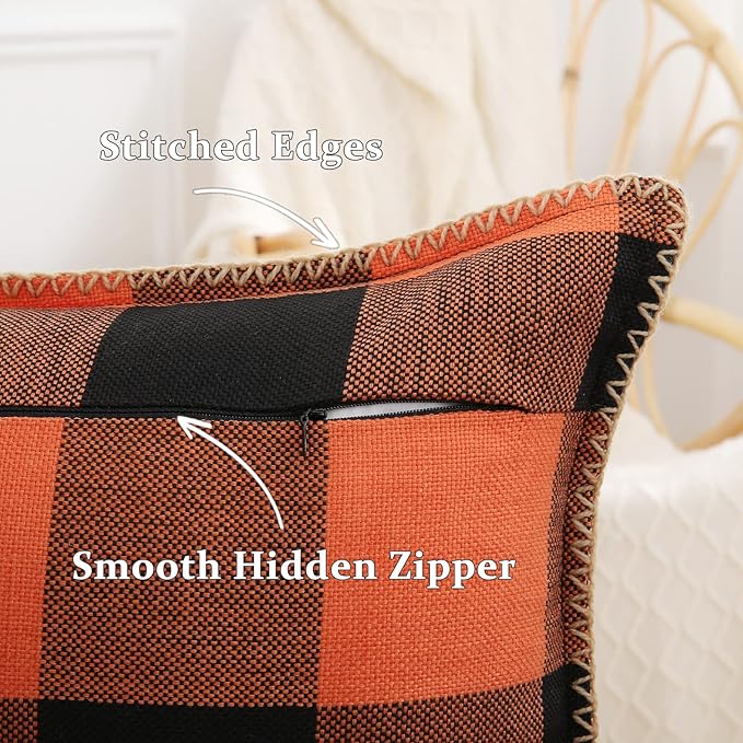 decorUhome Fall Orange and Black Decorative Throw Pillow Covers 18x18 Set of 2, Buffalo Plaid Check Farmhouse Cushion Covers with Stitched Edge for Autumn Harvest Couch Sofa Bed Home Decor
