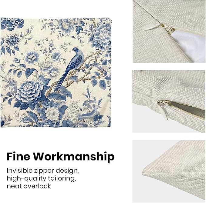 CXMEIFLY Spring Floral Pillow Covers 16 x 16 Inch Set of 2 for Chinoiserie Flowers Bird Decor Throw Pillows Vintage Blue and White Plant Outdoor Decorative Cushion Cases for Couch Bed Decorations