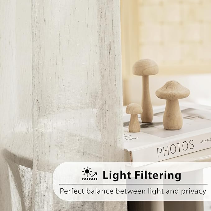 FMFUNCTEX Sheer Linen Curtains for Bedroom, Beige Curtains 108 Inches Long Semi Sheer Draperies for Living Room, Natural Cream White Extra Long Farmhouse Curtain Window Treatment Grommet Top 2 Panels