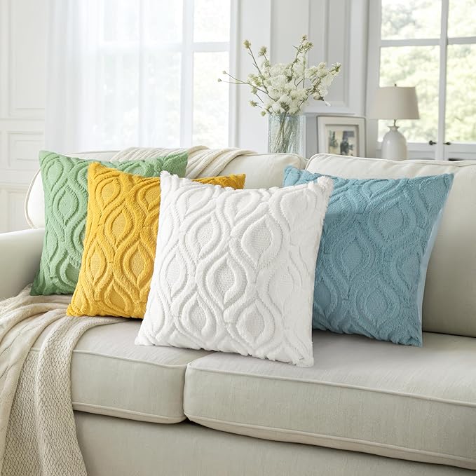 decorUhome Throw Pillow Covers 16x16 Inch Set of 2, Soft Plush Decorative Faux Fur Cream Beige Solid Couch Pillow Covers, Accent Farmhouse Neutral Square Euro Pillow Cases for Sofa Bed Living Room