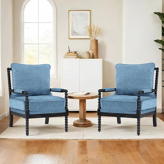 DUHOME Linen Fabric Spindle Accent Chairs Set of 2 with Wood Frame,Modern Accent Spool Chairs with Padded Spring Seat and Brushed Blue Base for Living Room Bedroom Farmhouse Home Office Belcony