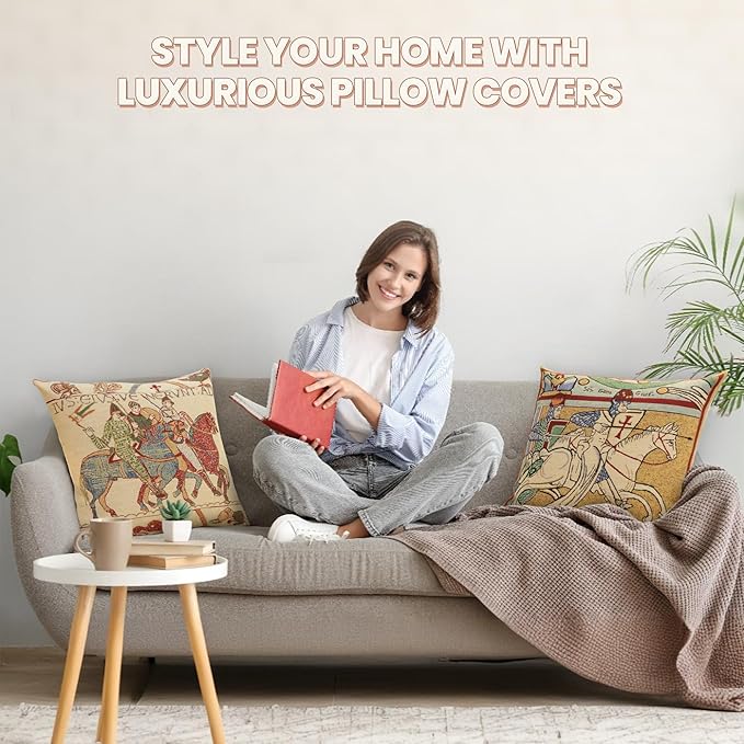 Charlotte Home Furnishings Chevaliers de St.Gregoire Throw Pillow Cover 16" x 16" – Medieval Knight Tapestry Cushion Case for Sofa, Couch, & Bed | Cotton Jacquard Woven in Europe | Insert Not Included