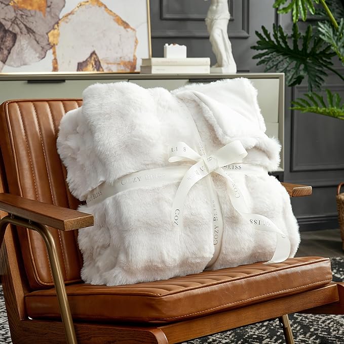 Cozy Bliss Faux Fur Throw Blanket for Couch, Fuzzy Soft Plush Thick Bubble Blanket for Sofa Bedroom Living Room, 60 * 80 Inches Cream White