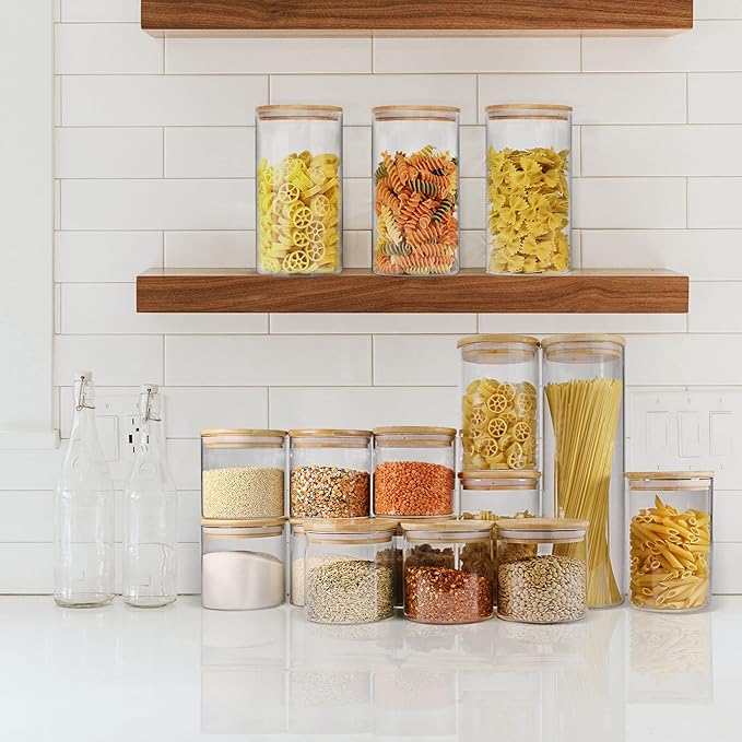 Glass Jars with Bamboo Lids (40oz in 3 Pack), Glass Food Jars and Canisters Sets, Pantry Food Storage Jars with Airtight Lids, Large Glass Canisters with lids