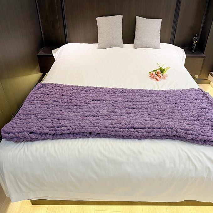 Chunky Knit Blanket Throw 48"x71", Chenille Throw Blankets, Handmade Warm & Cozy Blanket Couch Bed Home Decor, Soft Breathable Fleece Banket, Christmas for Couch Bed Sofa Best Gift (Purple)