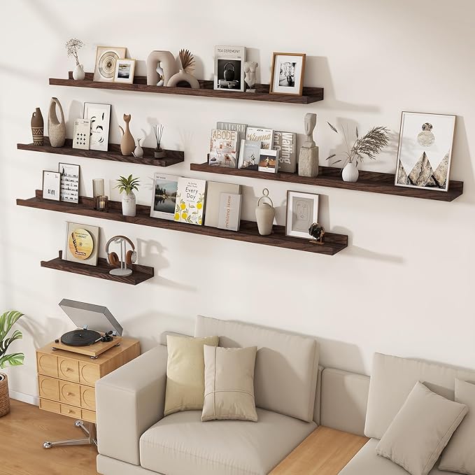 Floating Picture Ledge Shelves 48 Inch Solid Oak Wood Set of 2, Rustic Wall Storage Shelves with Lip, Kids Bookshelf, Photo & Picture Ledge Shelves for Bedroom, Living Room, Kitchen