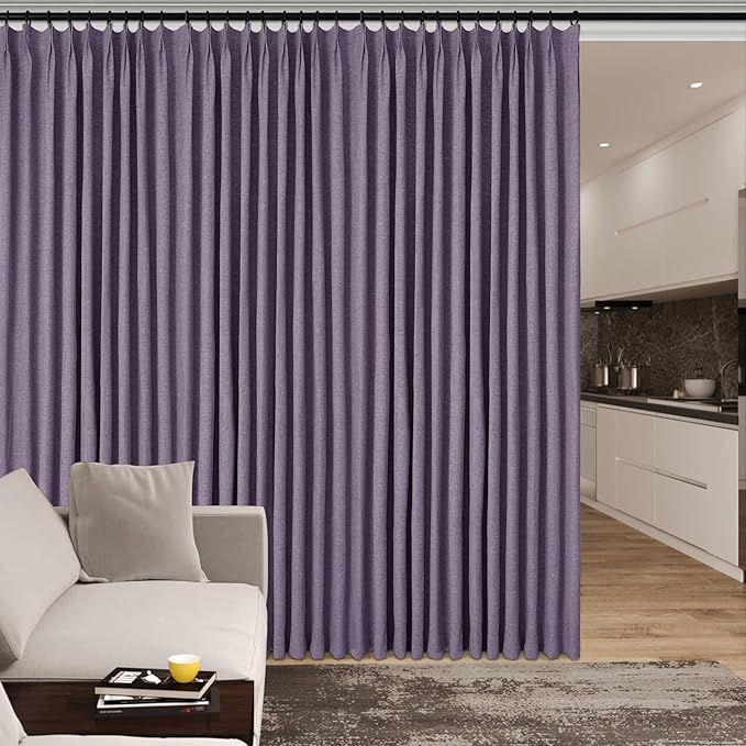 Extra Wide 100% Blackout Linen Textured Curtains - Room Dividers, W200 x L96 (1 Panel), Pinch Pleat Drapes for Living Room, Full Light Block Out Drapery for Sliding Door, Violet