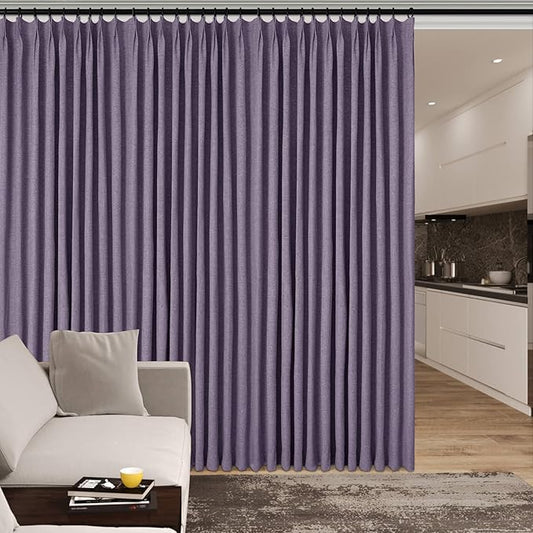 Full Blackout Privacy Curtains, 240 Inch Extra Wide Linen Blend Drapes, Pinch Pleat Window Drapery for Room Divider Storage/Space Room Separation, 1 Panel, W 240" x L 96", Violet