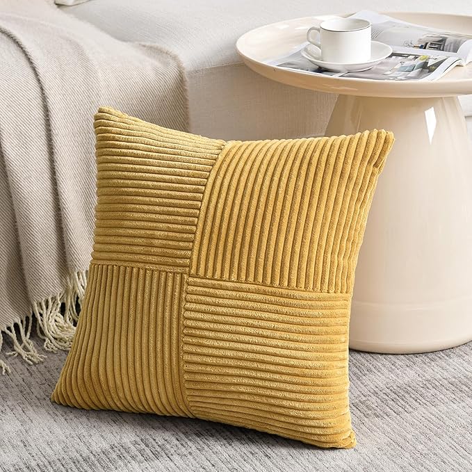 Fancy Homi 2 Packs Mustard Yellow Decorative Throw Pillow Covers 22x22 Inch for Living Room Couch Bed Sofa, Farmhouse Boho Home Decor, Soft Corss Corduroy Patchwork Accent Square Cushion Case 55x55 cm
