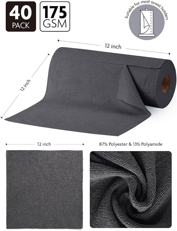 Fantasticlean Microfiber Cleaning Cloth Roll -40 Pack, Tear Away Microfiber Towels, 12" x 12", Reusable, Washable, Scratch Free, Ultra Absorbent Dish Rags for Car, Home, Garage or Shop (DimGrey)