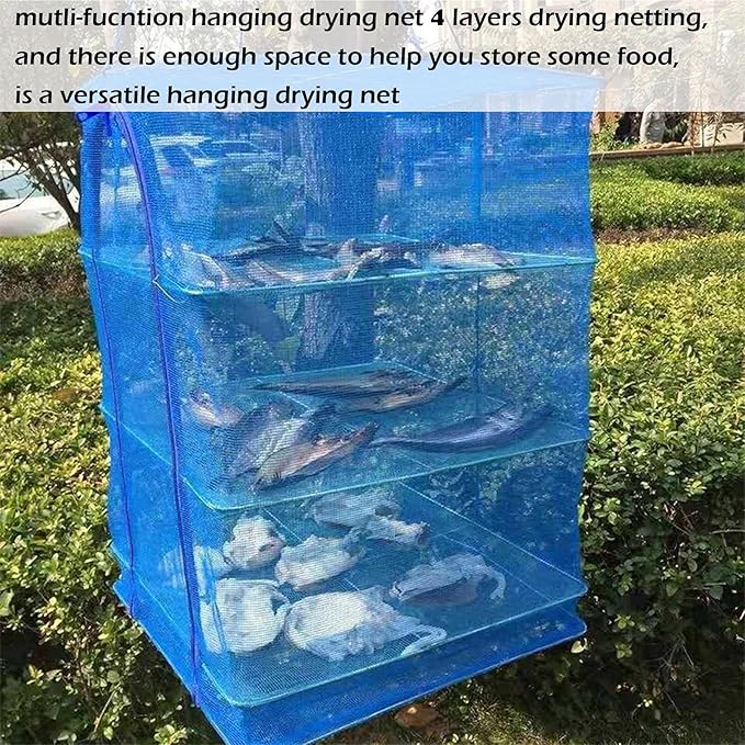 Drying Rack 4 Layers Folding Mesh, Foldable Nylon Netting, Hanging Drying Net, for Shrimp, Fish, Fruit, Vegetables, Herb, with Zipper Opening - Blue (25.59X13.78X13.78 in)
