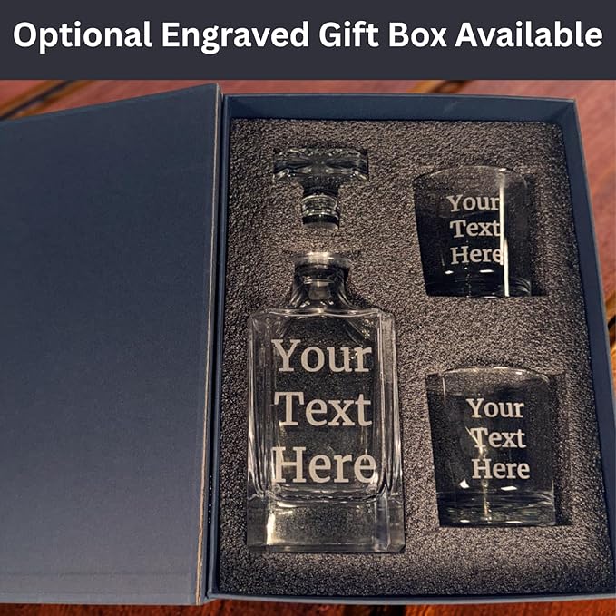 Gifts Inscribed Custom Text Whiskey Decanter & Glasses Set of 2 – Engraved Glass Cups Drinking Glasses Set of 2 – Personalized Whiskey Glasses Drinking Set – Customized Whisky Glassware Gift for Him