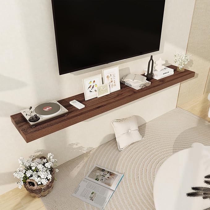 Fun Memories 72 Inch Floating Shelf, 12 Inch Deep Wall Shelf for Fireplace Mantel, Deep Storage Shelves for Home & Office, Wall Shelves with Invisible Bracket, Walnut, Set of 1