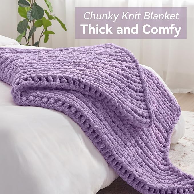 Chunky Knit Throw Blanket, 40''*50'' Knitted Throw Chenille Yarn for Bed Couch, Handmade Light Purple Crochet Big Thick Blanket, Machine Washable Cute Comfy Blanket for Home Decor