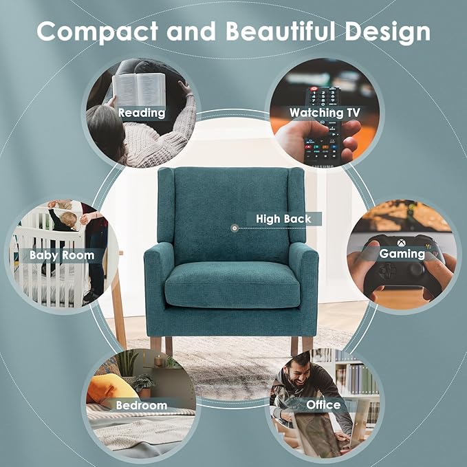 COLAMY Modern Wingback Living Room Chair Set of 2, Upholstered Fabric Accent Armchair, Single Sofa Chair with Lounge Seat and Wood Legs for Bedroom/Office/Reading Spaces, Teal