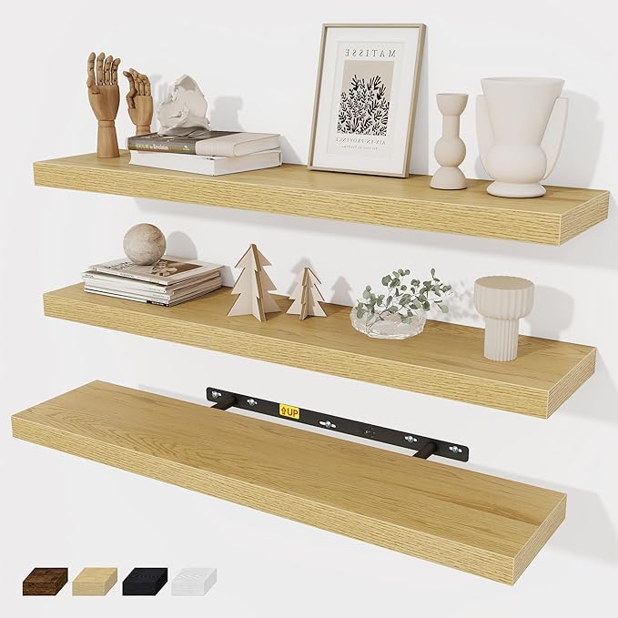 Floating Shelves Wall Shelf 30 Inch Long, Rustic Wood Bathroom Shelves 30 Inch, Farmhouse Home Decor Kitchen Living Room Bedroom Shelves Wall Mounted, 30 x 6.7 x 1.4 Inch, Set of 3, Oak Color