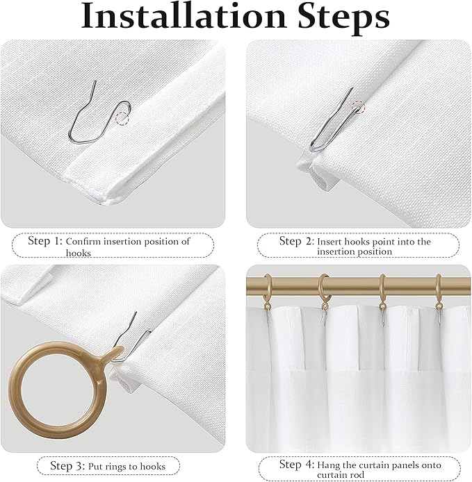 FMFUNCTEX Pinch Pleated Curtains 84 Inches Long for Living Room, White Semi Sheer Faux Linen Textured Pleat Drapes for Bedroom with Hooks, Light Filtering Neutral Farmhouse Window Drapes 2 Panels