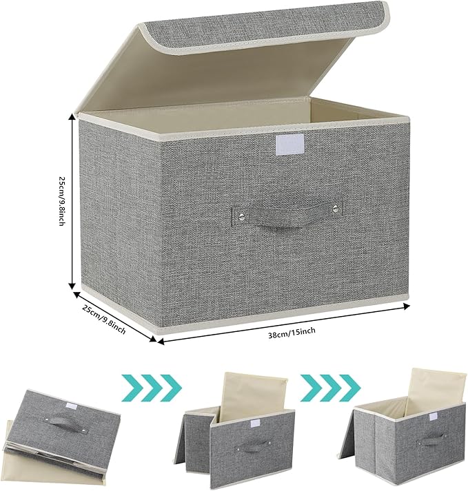 Fabric Storage Bins Cube Organizers with Flip-Top Lid and Handles,Storage Boxes for Organizing Home,Office,and Closet,Grey,3 Pack 15 x 9.8 x 9.8 in