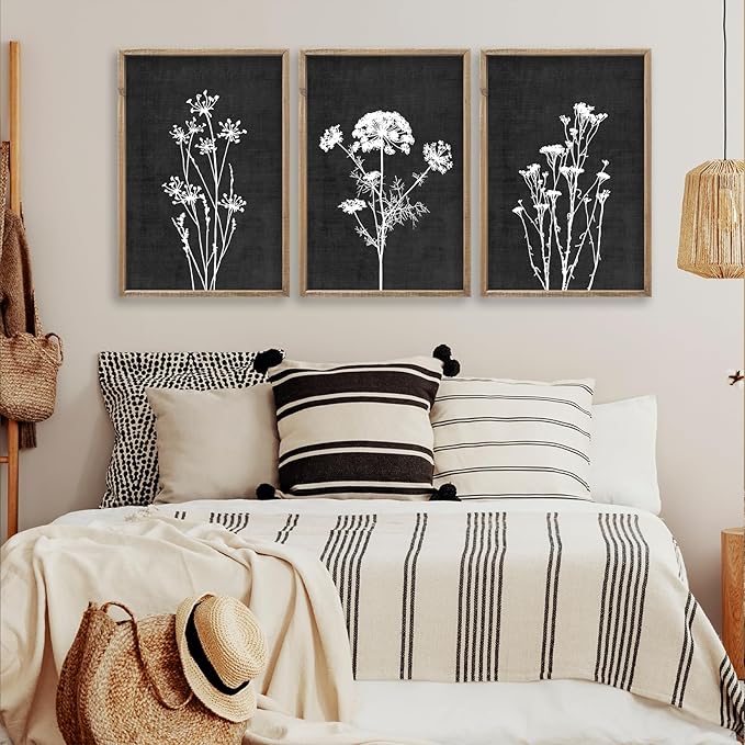 Flower Plant Wall Art Decor 24"x16" Set of 3 Black And White Botanical Painting Wood Framed For Minimalist Bedroom Office Rustic Living Room Abstract Wildflower Sign Hanging (Wood Black)