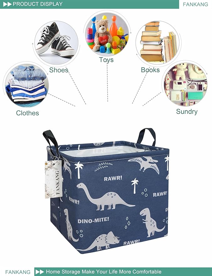 FANKANG Square Nursery Hamper Storage Bins Canvas Laundry Basket Foldable with Waterproof PE Coating Storage Baskets Gift Baskets for Children, Office, Bedroom, Clothes（Square-Blue dinosaur ）