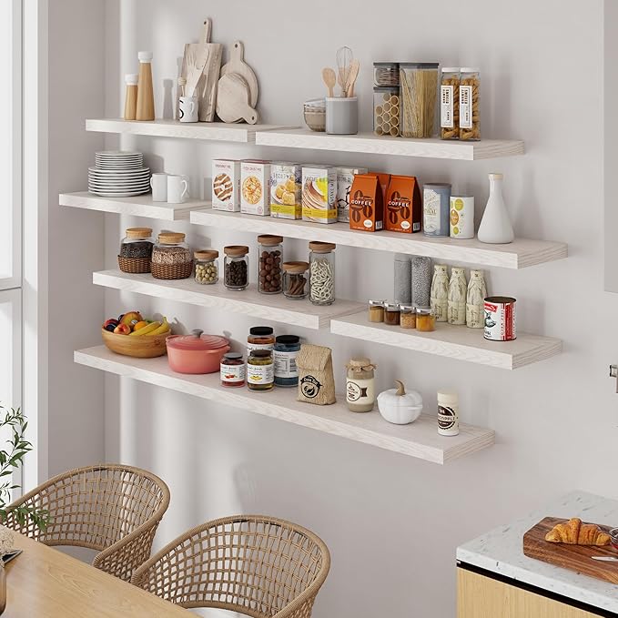 Floating Shelves 55 Inch Long, 55"W x 9"D Wall Shelf Invisible Bracket, 9 Inch Deep Floating Shelf for Wall, Rustic Wooden Shelves for Living Room, Kitchem, Bedroom, Brich Color, Set of 1