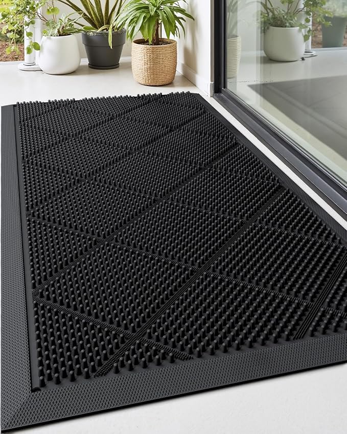 DEXI Front Door Mats Outside Entrance, 17x36 Rubber Waterproof Dirt Trapping Entry Mat for Entryway, Heavy Duty Non-Slip Low-Profile Welcome Doormat All Weather for Patio, Black