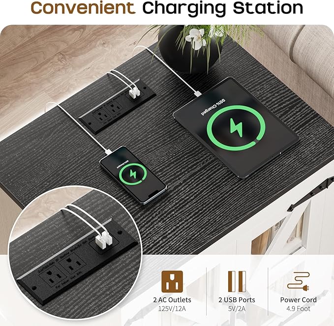 Farmhouse Side Table - 24" Large Night Stand Set 2, Wood Nightstand with Charging Station, Bedside Table with Adjustable Shelf, End Tables Living Room, Rustic Bed Side Tables Bedroom, White