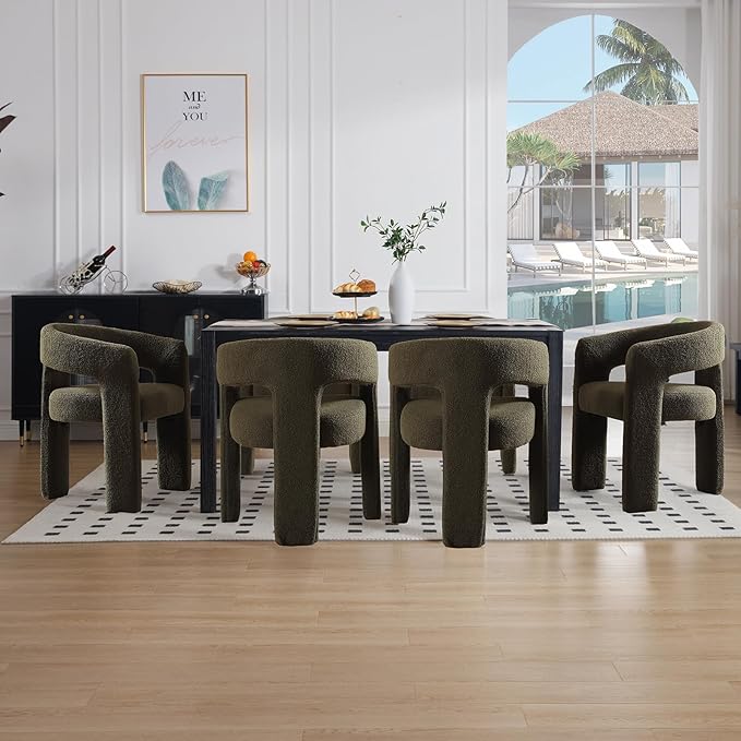 Green Sherpa Dining Chairs Set of 6, Modern Barrel Dining Room Chairs Upholstered Faux Fur Accent Chair with Arms and Round Back for Living Room Kitchen Armchair No Assembly Needed