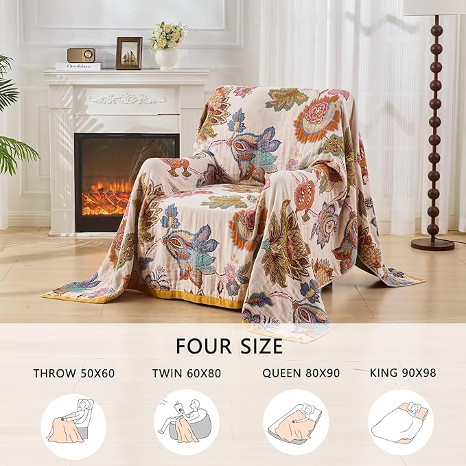 100% Cotton Boho Throw Blanket, King Size Living Room Reversible Fall Throw Blanket, Boho Floral Bird Colorful Retro Quilt Ultra Soft Reversible Gauze Blanket for All Season, 90"x98"