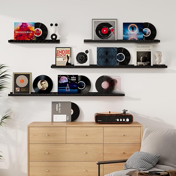 Floating Picture Ledge Shelves 24 Inch Solid Oak Wood Set of 2, Rustic Wall Storage Shelves with Lip, Kids Bookshelf, Photo & Picture Ledge Shelves for Bedroom, Living Room, Kitchen