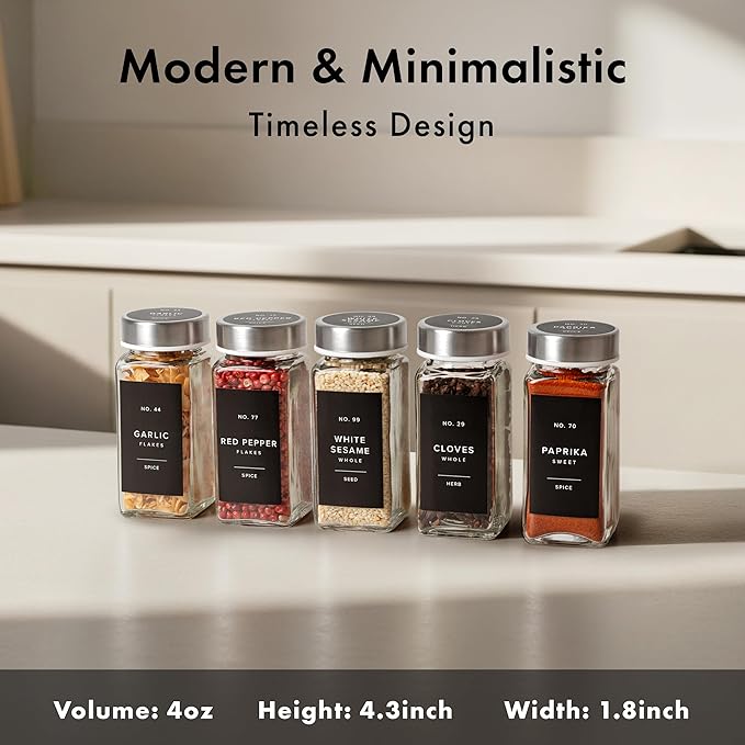 Glass Spice Jars with Labels and Steel Lids (24 x 4oz) Spice Containers with 240 Label, Steel Funnel, Shaker Inserts, Empty Square Seasoning Organizer for Spice Rack, Cabinet, Drawer