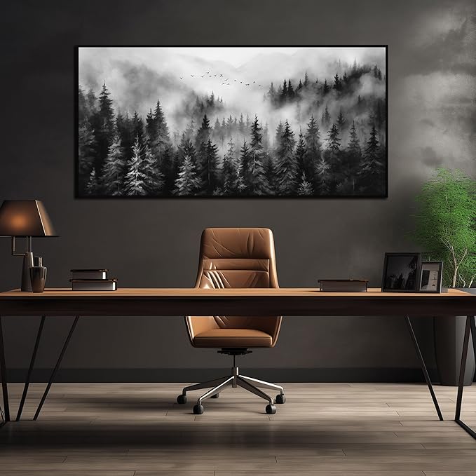 Foggy Forest Wall Art for Living Room Black and White Pictures for Wall Home Office Wall Decor with Black Frame 29 x 58 Inch