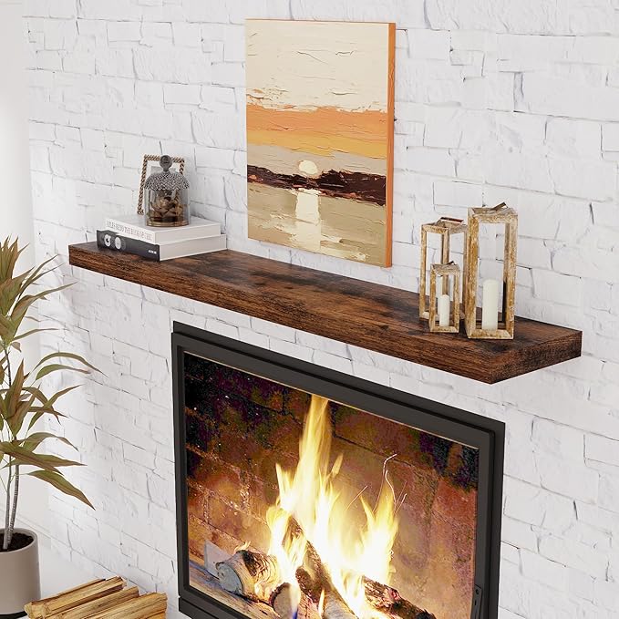 Floating Shelves 55 Inch Long, 55"W x 9"D Wall Shelf Invisible Bracket, 9 Inch Deep Floating Shelf for Wall, Rustic Wooden Shelves for Living Room, Kitchem, Bedroom, Rustic Brown Color, Set of 1