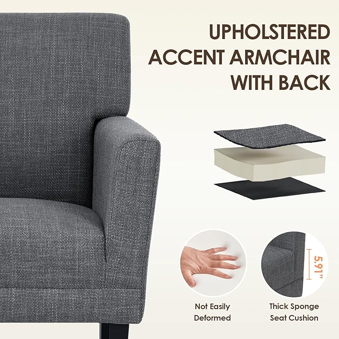 COLAMY Modern Accent Chair for Living Room, Upholstered Fabric Accent Armchair with Back, Soft Single Sofa Chair with Arms for Bedroom/Office/Reception Room, Dark Grey