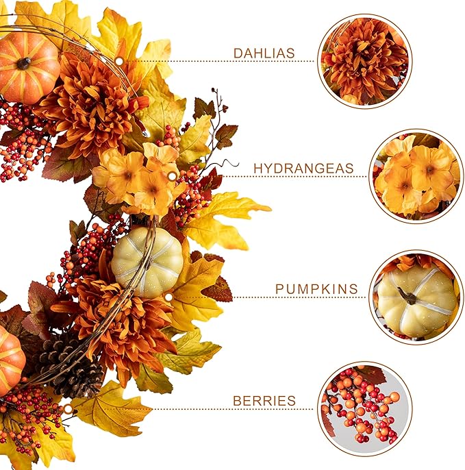 Glitzhome 24 inch Artificial Fall Wreath Decor, Autumn Maple Leaf Wreath for Front Door with Dahlia Pumpkin, Leaf and Berry Wreaths for Autumn Harvest Thanksgiving Halloween Decor