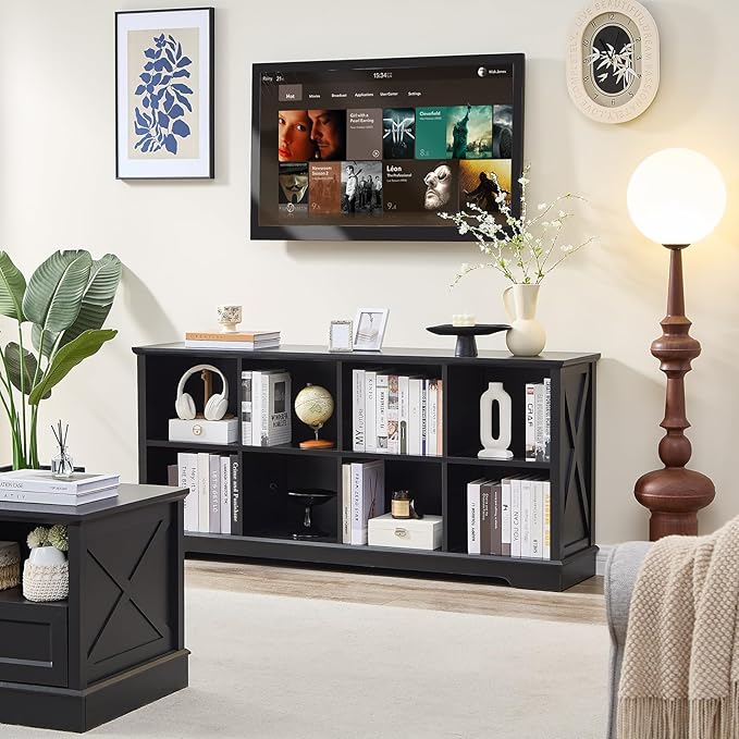 Farmhouse 8 Cube Bookshelf, Black Storage Organizer Bookcase, Kids Toy Storage Cabinet, Long Bookshelves Storage Organizer Shelf, Wood Display Cabinet Book Shelves for Bedroom,Living Room,Office