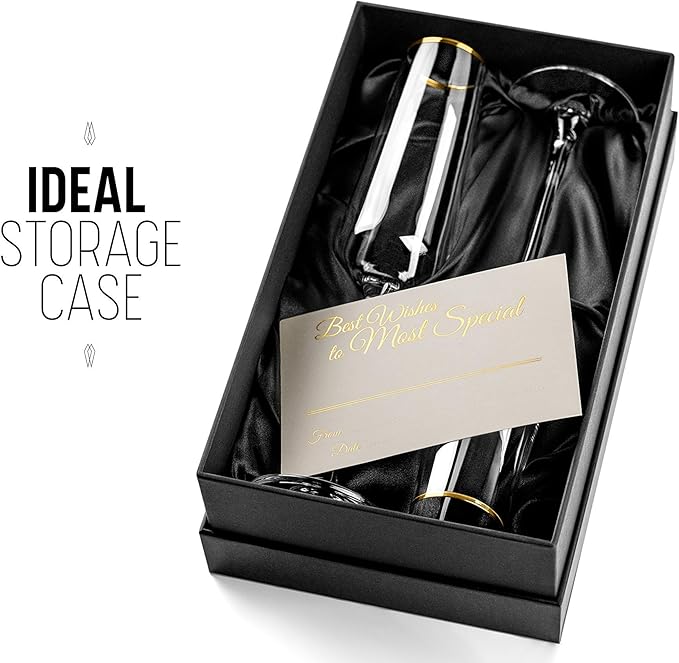 Gold Rim Champagne Gift Glasses | Set of 2 | Crystal Square Toasting Flutes for Bride and Groom, Wedding, Anniversary, Birthday | Elegant Long Stemmed Glassware for Sparkling Wine, Prosecco