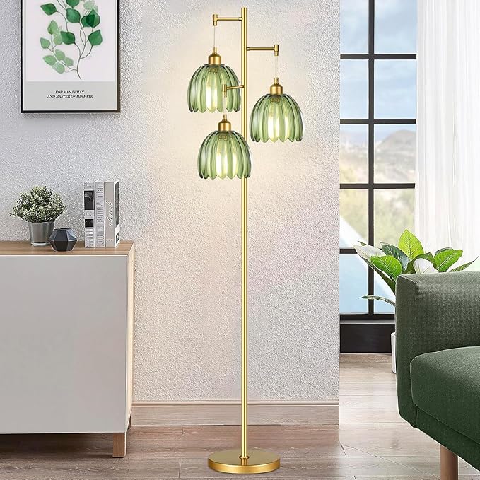 Gold Floor Lamp for Living Room,Bedroom,Mid Century Modern Standing Lamp Brass Tree 3 Light Tall Floor Lamps Vintage Retro Floor Lights Glass Green Flower Lamp Shade Farmhouse Boho Bohemian